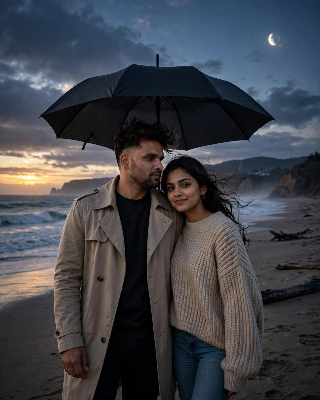 Wading knee-deep together while spray rises and — Beach Couple portrait, beige trench coat over dark layers, cinematic mood photography