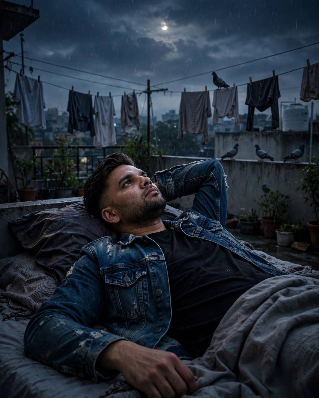 Ink-black denim jacket with collars turned up — Black Outfit portrait, distressed denim jacket over black tee, cinematic mood photography