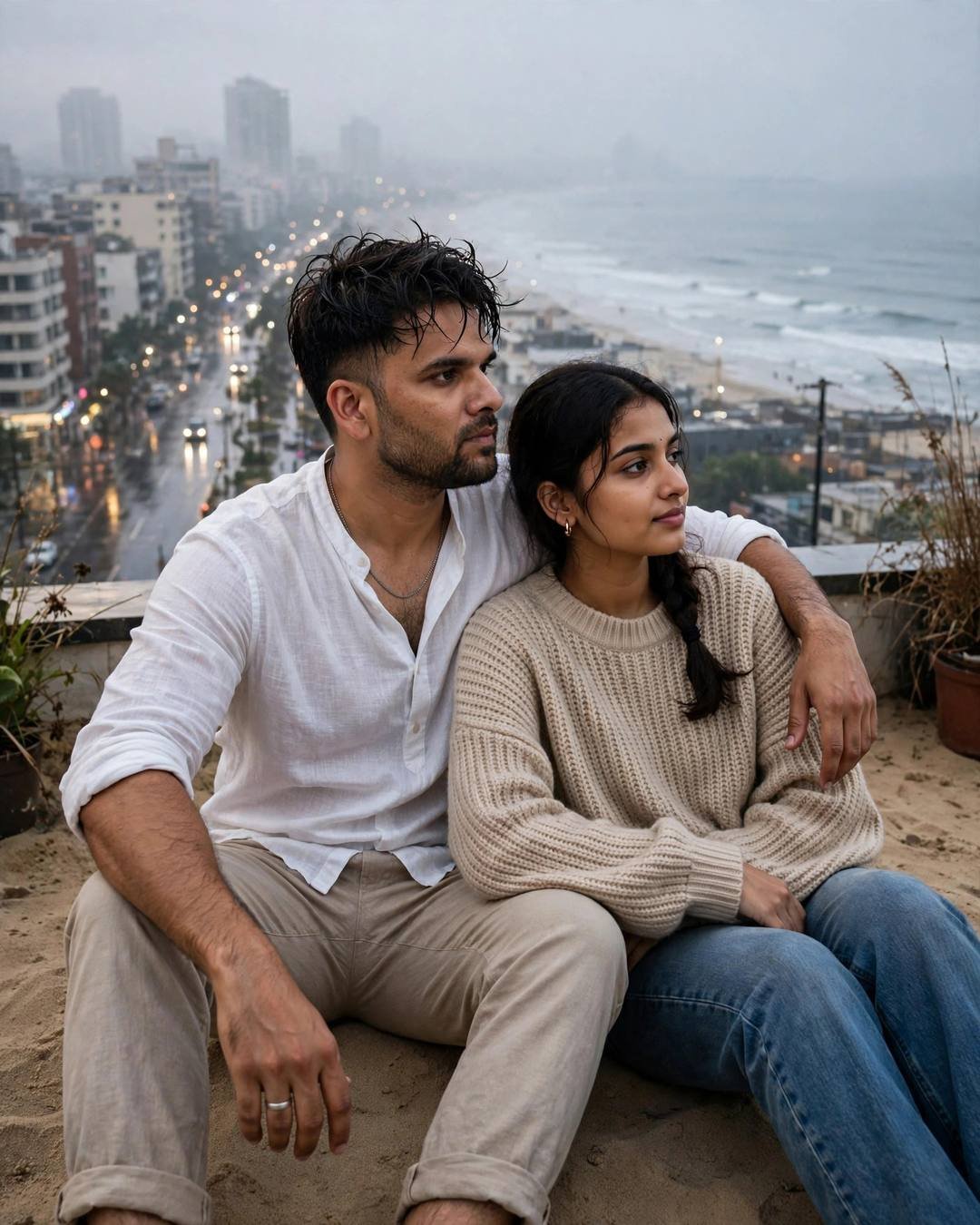 Taking their photos off the fridge door, — couple portrait at rooftop overlooking sleeping city lights, white linen shirt with rolled sleeves, beige trousers, towel-dried tousled hair, becoming strangers, tender mood, cinematic AI photo