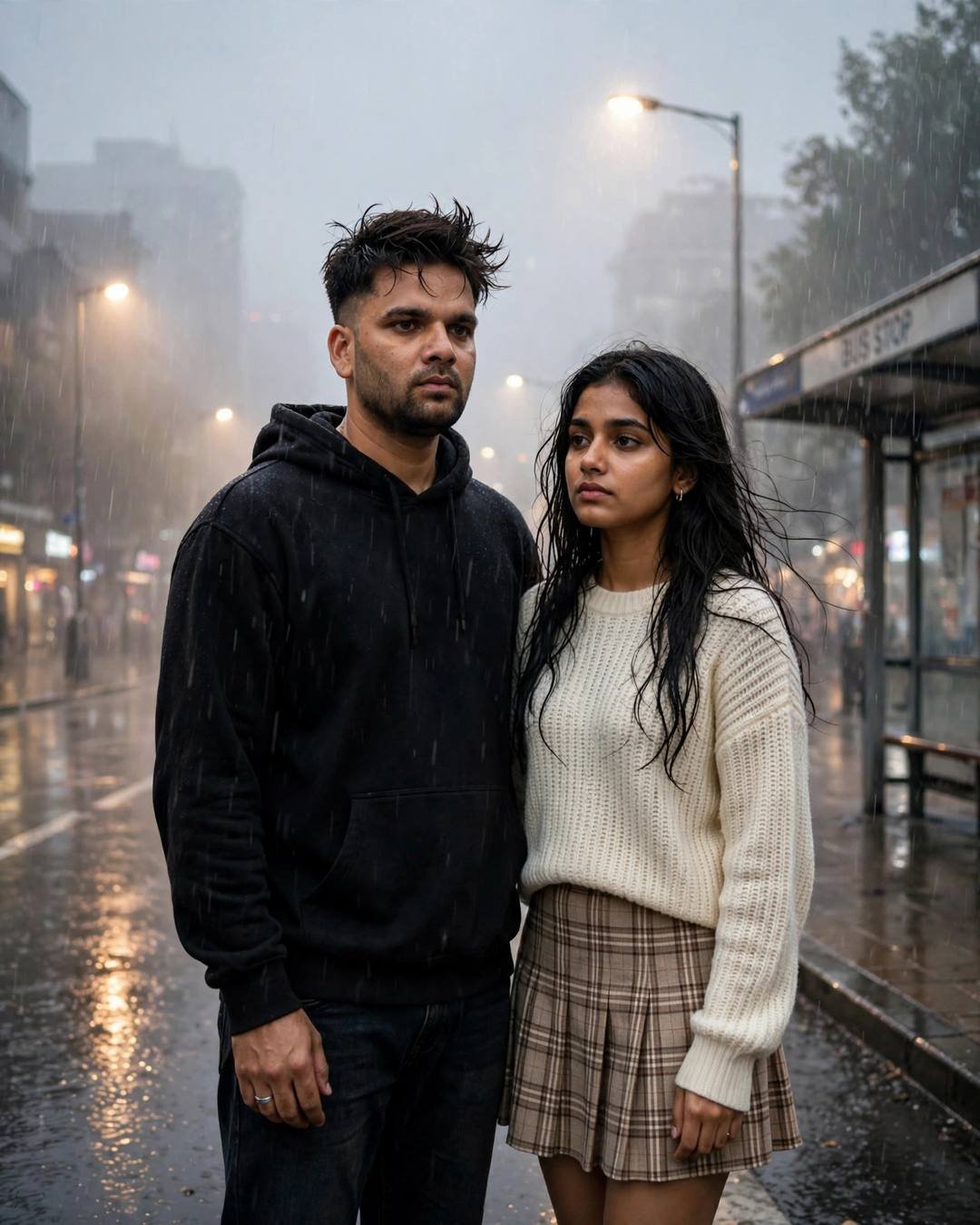 Dividing books on a living-room floor — couple portrait at bus stop in the rain, black oversized hoodie and dark jeans, windswept textured hair, becoming strangers, melancholic mood, cinematic AI photo