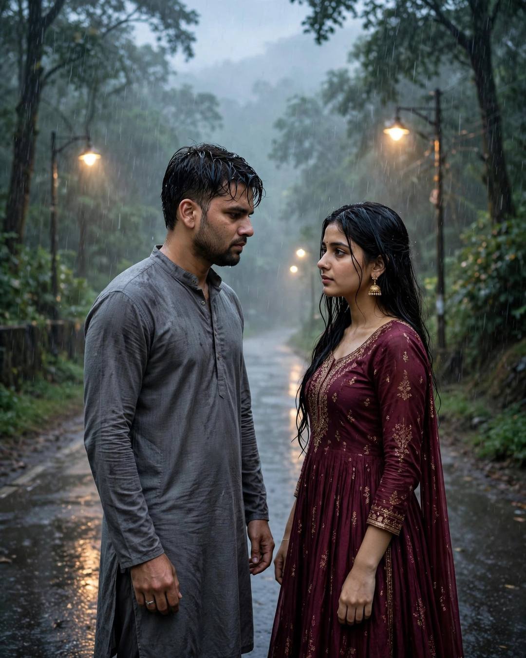 Sharing one final taxi ride home, each — couple portrait at misty forest path, grey kurta with dark pajama, damp rain-wet hair, becoming strangers, aching mood, cinematic AI photo
