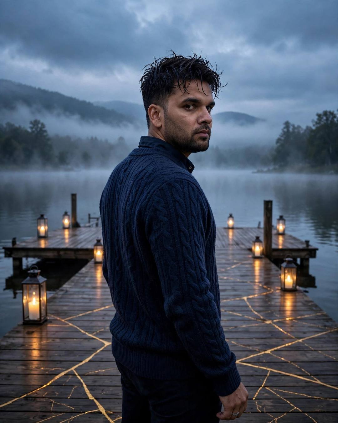Facing the raging storm head-on with steady — Broken but Strong cinematic AI photo, navy sweater over collared shirt, towel-dried tousled hair, back to the camera, looking over one shoulder at quiet lake pier at dawn; overcast gloom, blue hour with candlelight warmth in darkness