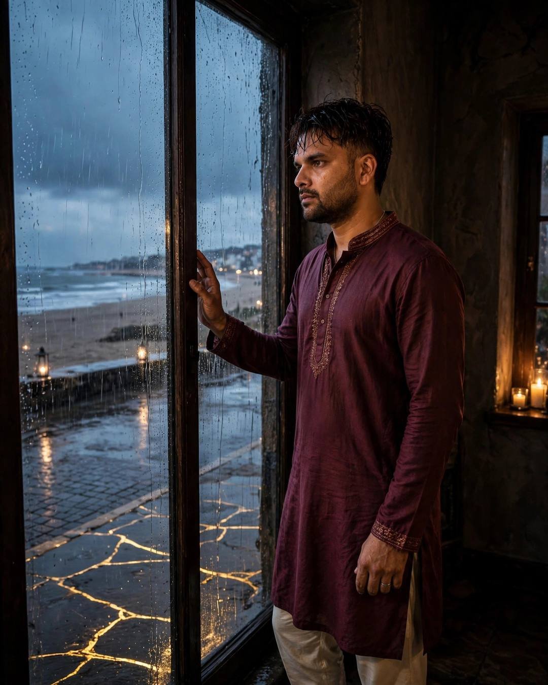 Standing tall on a cliff edge with — Broken but Strong cinematic AI photo, maroon kurta with cream churidar, towel-dried tousled hair, standing at a rain-streaked window, one hand on the glass at deserted beach at dusk; post-rain wet streets, overcast afternoon with candlelight warmth in darkness