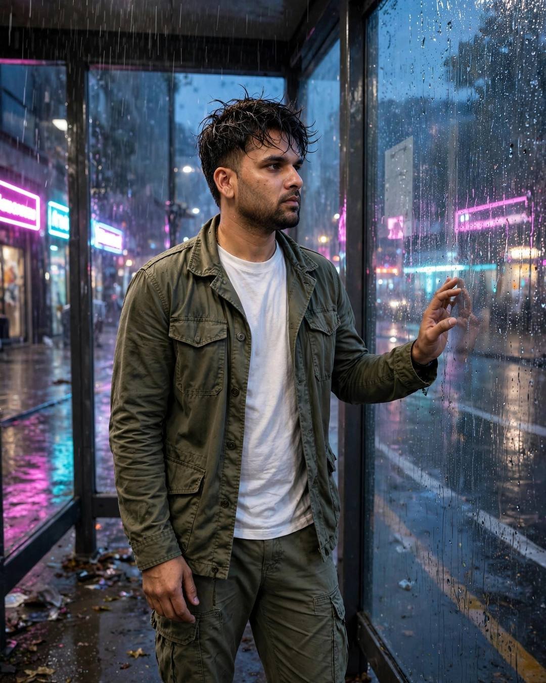 Burying a small wooden box of their — Broken Heart AI portrait, olive field jacket, white tee, cargo pants, towel-dried tousled hair, at a bus stop window in the rain