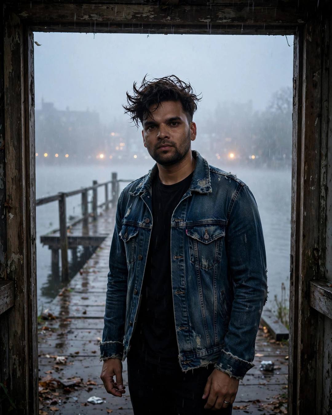 Sitting silently among half-eaten food at a — Broken Heart AI portrait, distressed denim jacket over black tee, windswept textured hair, at a doorway by a quiet lake pier at dawn