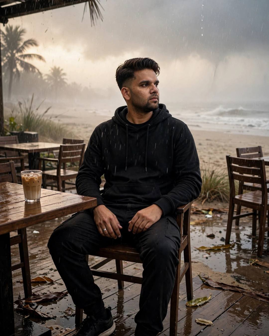 A shattered photo frame at his feet — Broken Heart AI portrait, all-black streetwear with sneakers, neatly combed side part, at a beach cafe table at dusk in monsoon rain