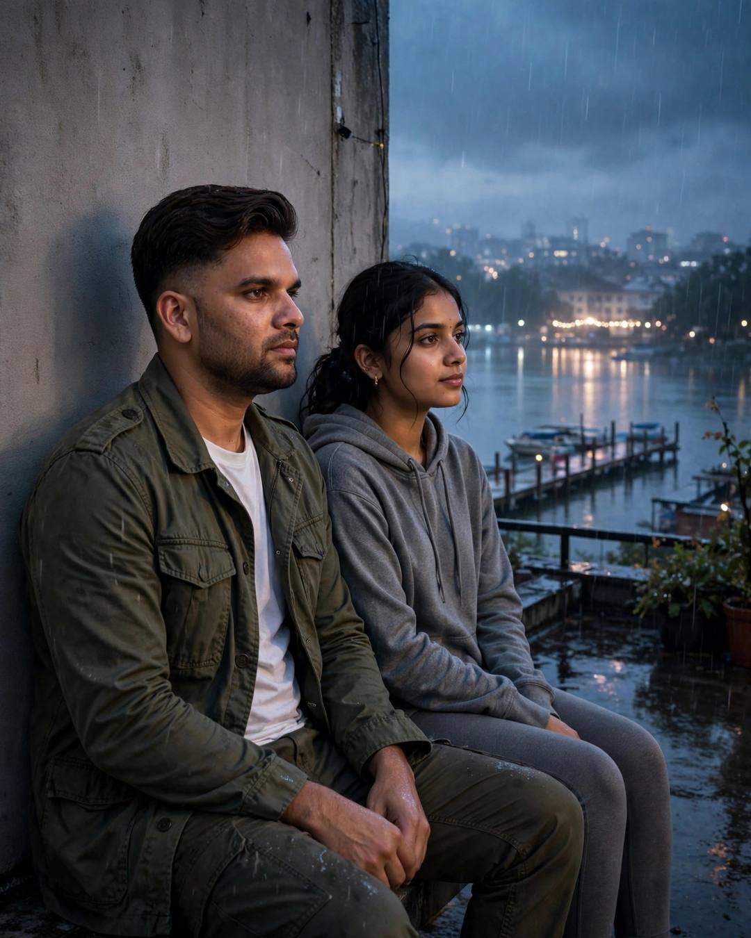 Her feeding him a bite of soft — Café Couple portrait, olive field jacket, cinematic mood photography