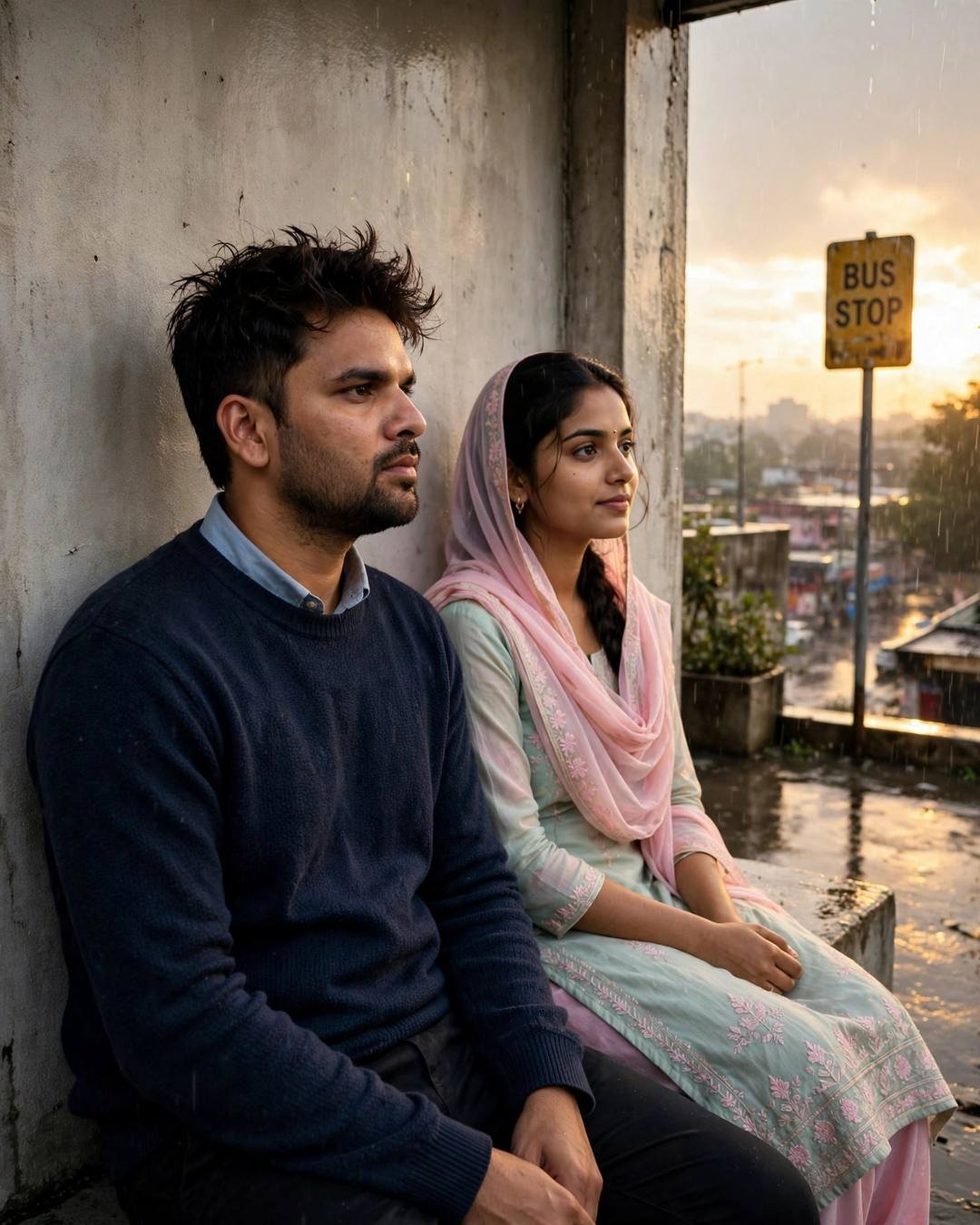 A cosy bookshelf corner where they quietly — Café Couple portrait, navy sweater over collared shirt, cinematic mood photography