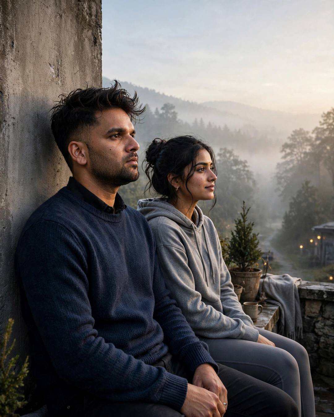 Rain-streaked glass between them and the busy — Café Couple portrait, navy sweater over collared shirt, cinematic mood photography