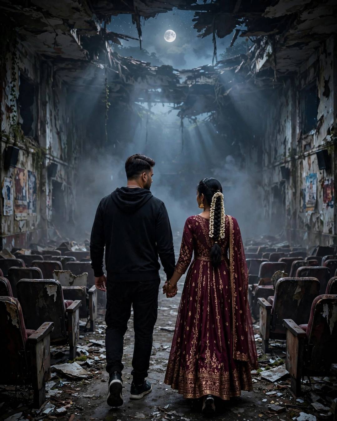 Matching warm woollen scarves draped carelessly on — Café Couple portrait, all-black streetwear with sneakers, cinematic mood photography