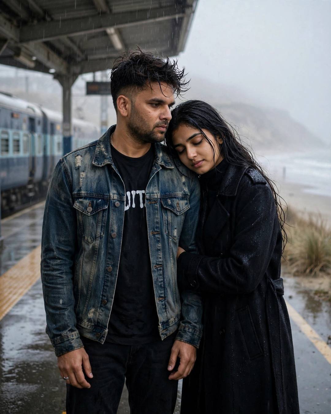 Couple in a quiet embrace on a rainy railway platform by a foggy beach, man in distressed denim jacket and woman in black long coat