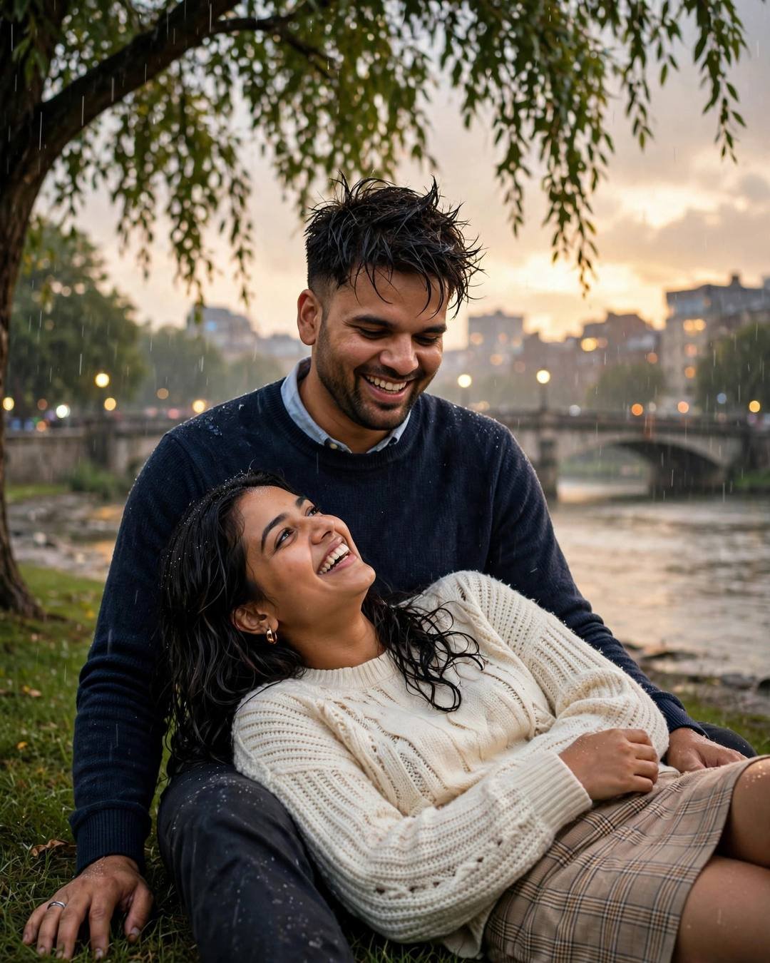Laughing couple under a tree by a river bridge at golden hour, man in navy sweater and woman in cream knit top and plaid skirt resting in his lap