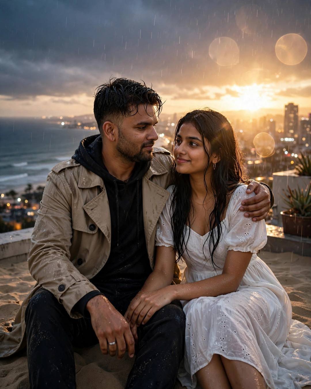 Man in beige trench coat with arm around woman in white summer dress, sitting on sand overlooking a coastal city at sunset in drizzle