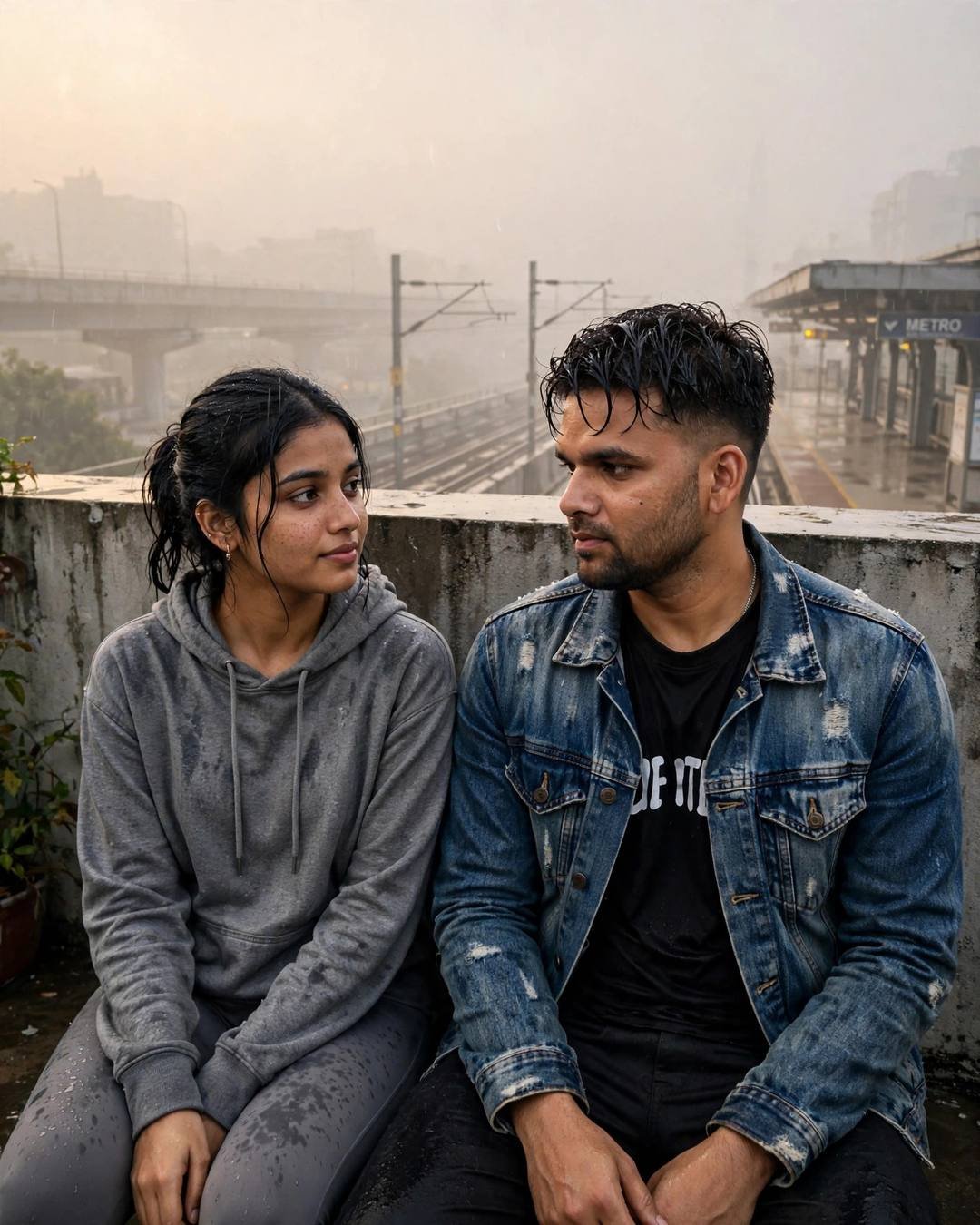 Woman in grey hoodie and man in distressed denim jacket sitting on a rooftop wall looking at each other above a foggy metro station