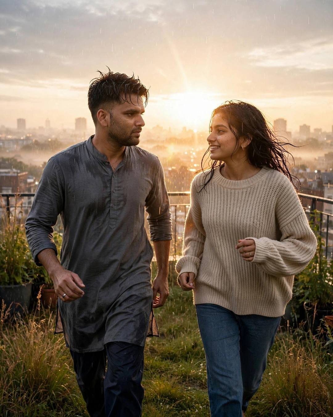Man in grey kurta and woman in oversized beige sweater and jeans running toward each other on a rooftop at dawn with golden backlight