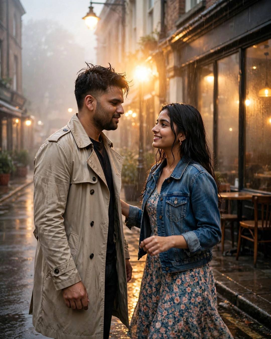 Man in beige trench coat facing a woman in denim jacket and floral dress in light rain outside an old cafe at golden hour