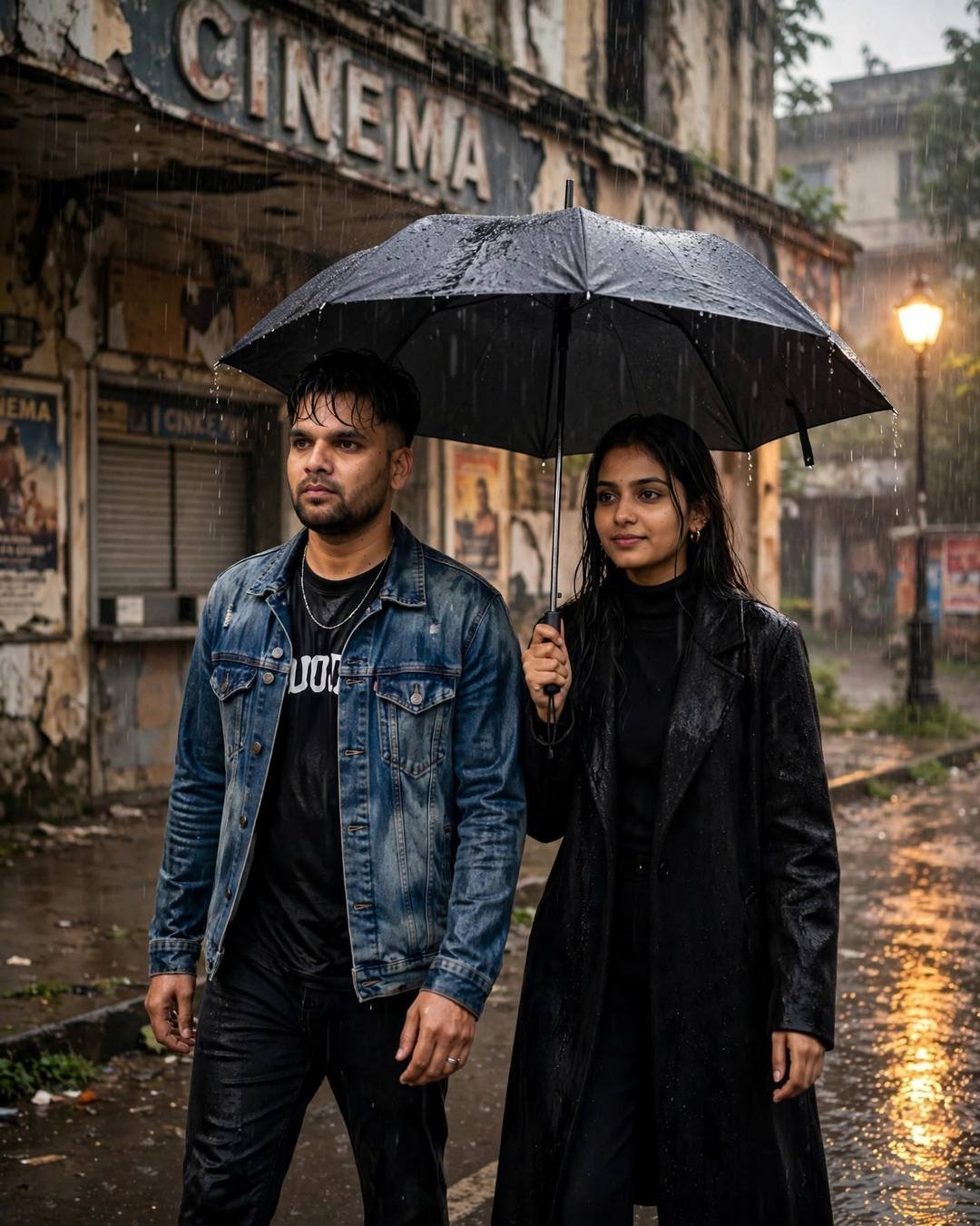 Couple sharing one umbrella in heavy rain outside an abandoned cinema hall, man in denim jacket, woman in black long coat