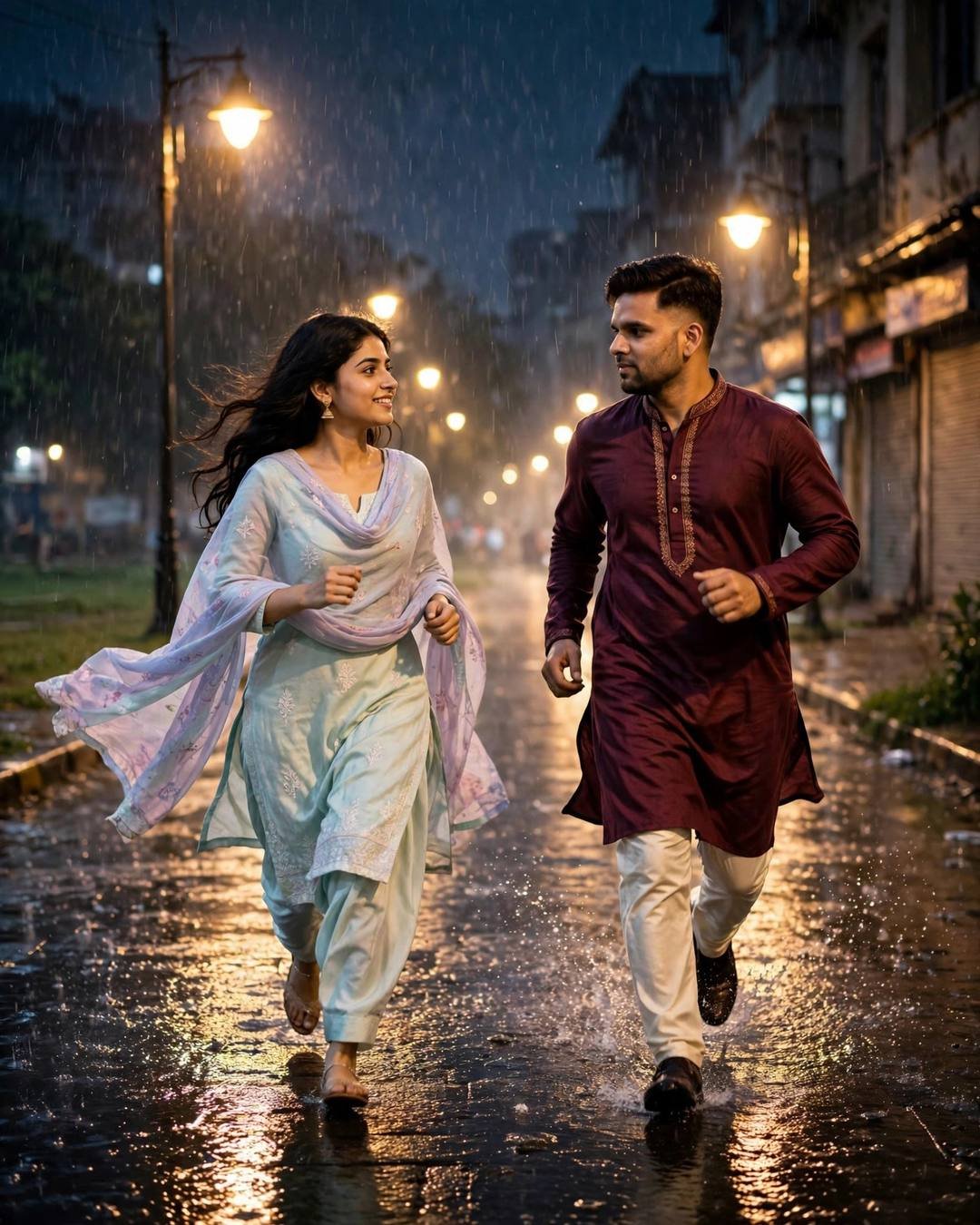 Man in maroon kurta and woman in pastel salwar-kameez running through rain on a street lit by warm sodium lamps at midnight