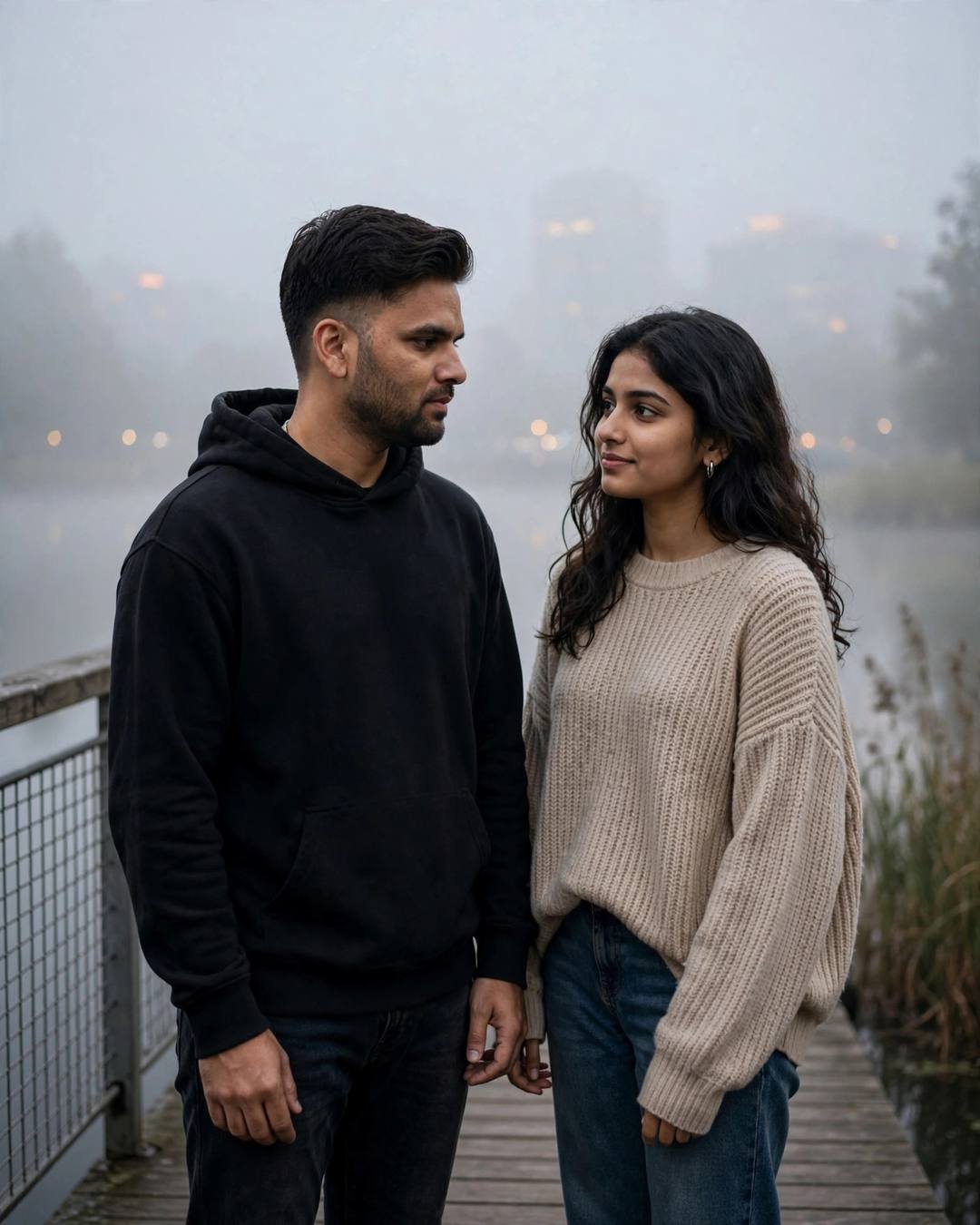 Couple standing on a foggy lake pier looking at each other, man in black hoodie and woman in oversized beige sweater and jeans