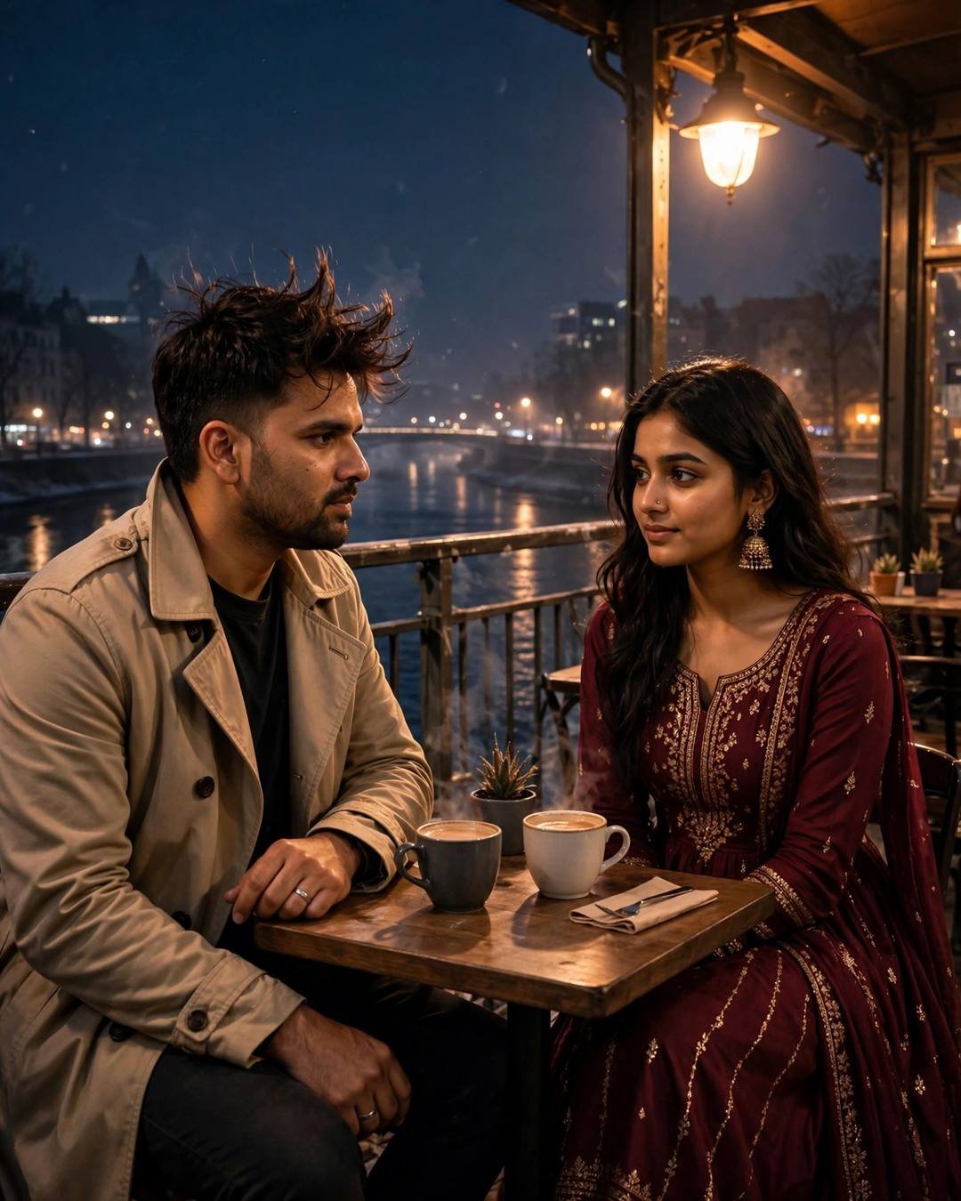 Couple sitting across a small cafe table by a river at night, man in beige trench coat and woman in maroon anarkali with jhumkas, coffee cups between them