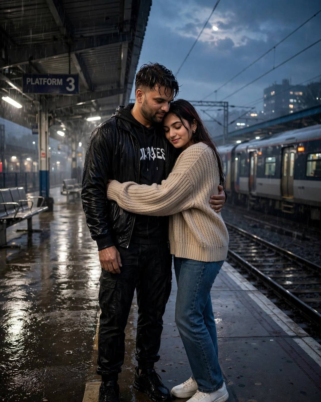 Matching oversized hoodies on a grocery run — Cute Couple AI portrait, all-black streetwear with sneakers, damp rain-wet hair, at a railway platform in the rain