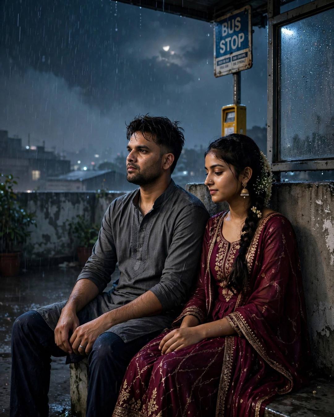 Her painting his nails bright red while — Cute Couple AI portrait, grey kurta with dark pajama, slightly messy morning hair, at a rainy bus stop at midnight