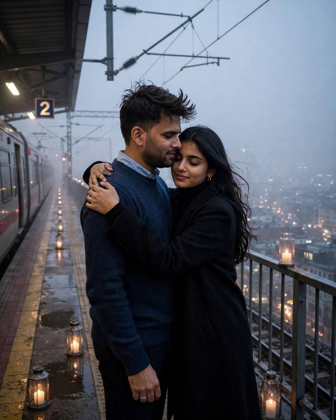 Feeding pigeons together at a busy chowk, — Cute Couple AI portrait, navy sweater over collared shirt, slightly messy morning hair, at a foggy platform above sleeping city lights