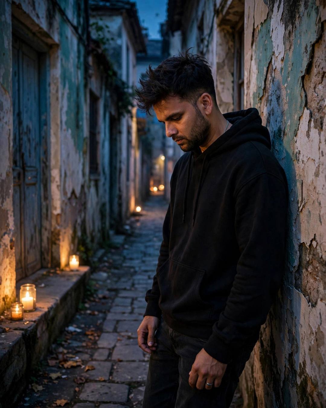 His shadow stretching long and thin beneath — Dark Cinematic portrait, black oversized hoodie and dark jeans, cinematic mood photography
