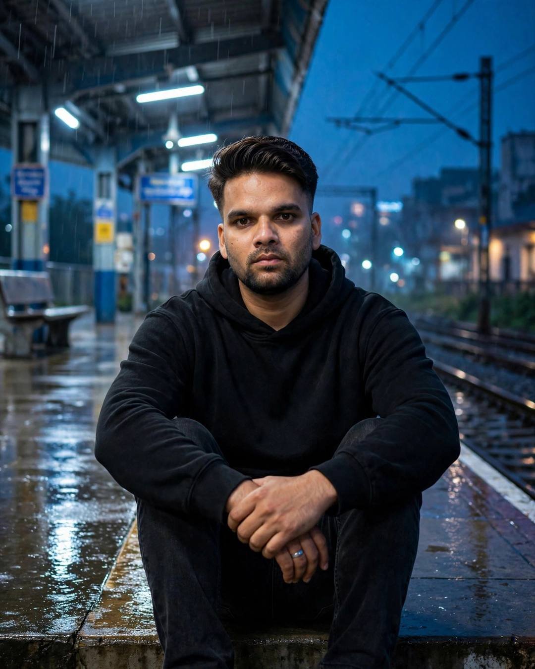 Smoke curling from a street vendor's cart — Dark Cinematic portrait, black oversized hoodie and dark jeans, cinematic mood photography