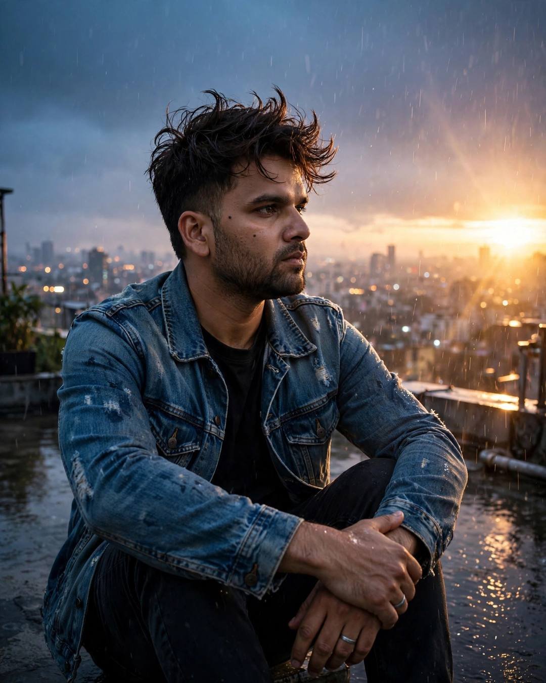 Standing at the mouth of a dark — Dark Cinematic portrait, distressed denim jacket over black tee, cinematic mood photography