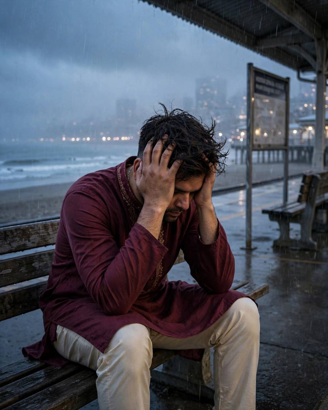 Pressing his forehead against a cool hospital — Emotional Boy AI portrait, maroon kurta with cream churidar, slightly messy morning hair, at a deserted beach at dusk