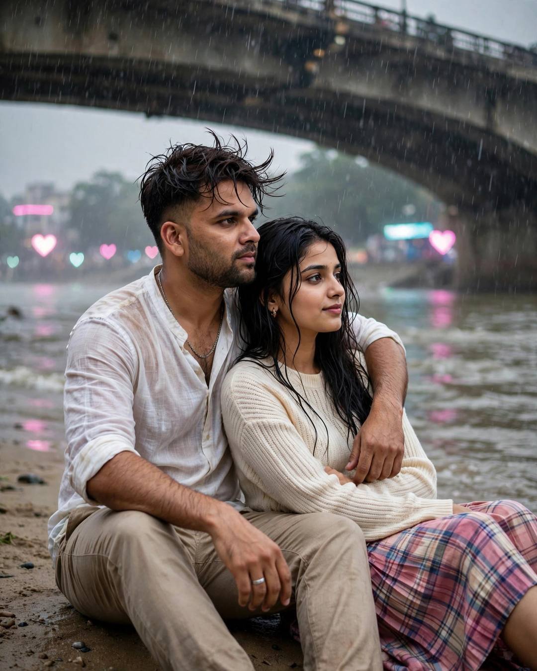Watching their grainy old wedding video together, — Emotional Couple AI portrait, white linen shirt with rolled sleeves, beige trousers, windswept textured hair, at the sand by a bridge over a slow river