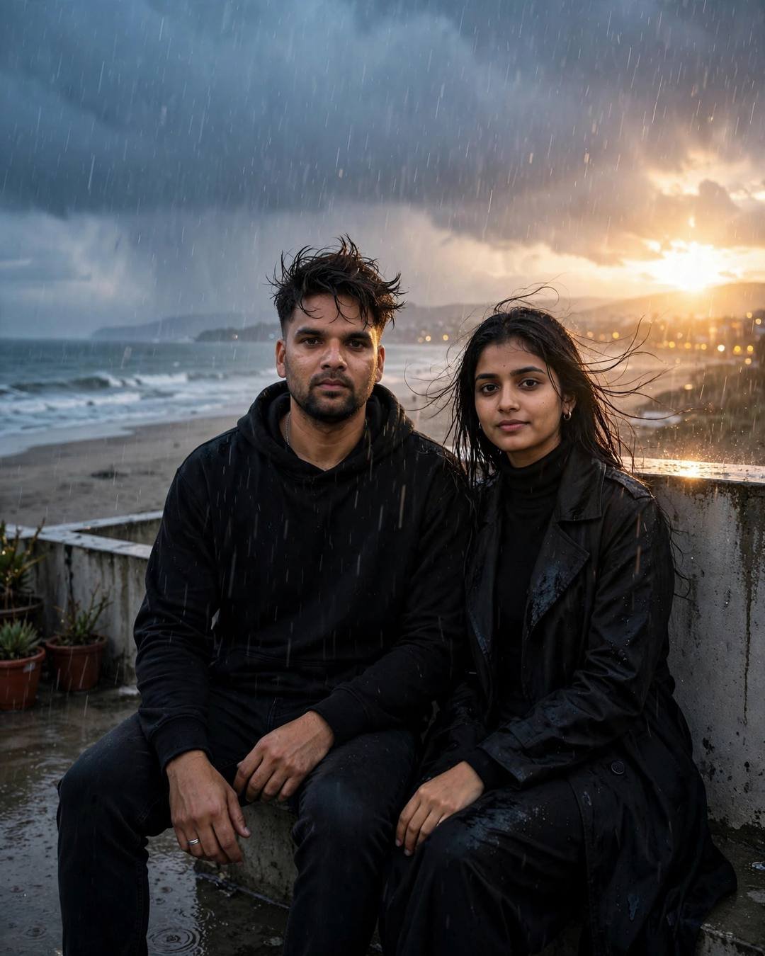 Watching the sunrise from a snowy mountain — Emotional Couple AI portrait, black oversized hoodie and dark jeans, windswept textured hair, at a rooftop above a deserted beach at dusk