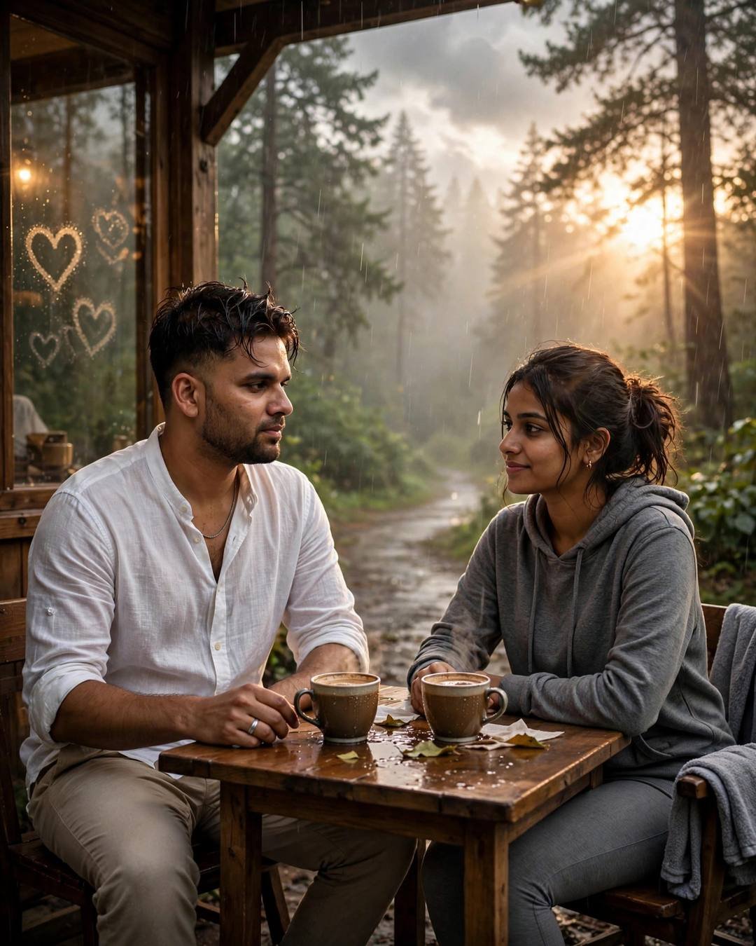 Reading old letters together on their anniversary — Emotional Couple AI portrait, white linen shirt with rolled sleeves, beige trousers, towel-dried tousled hair, at a misty forest-path cafe table