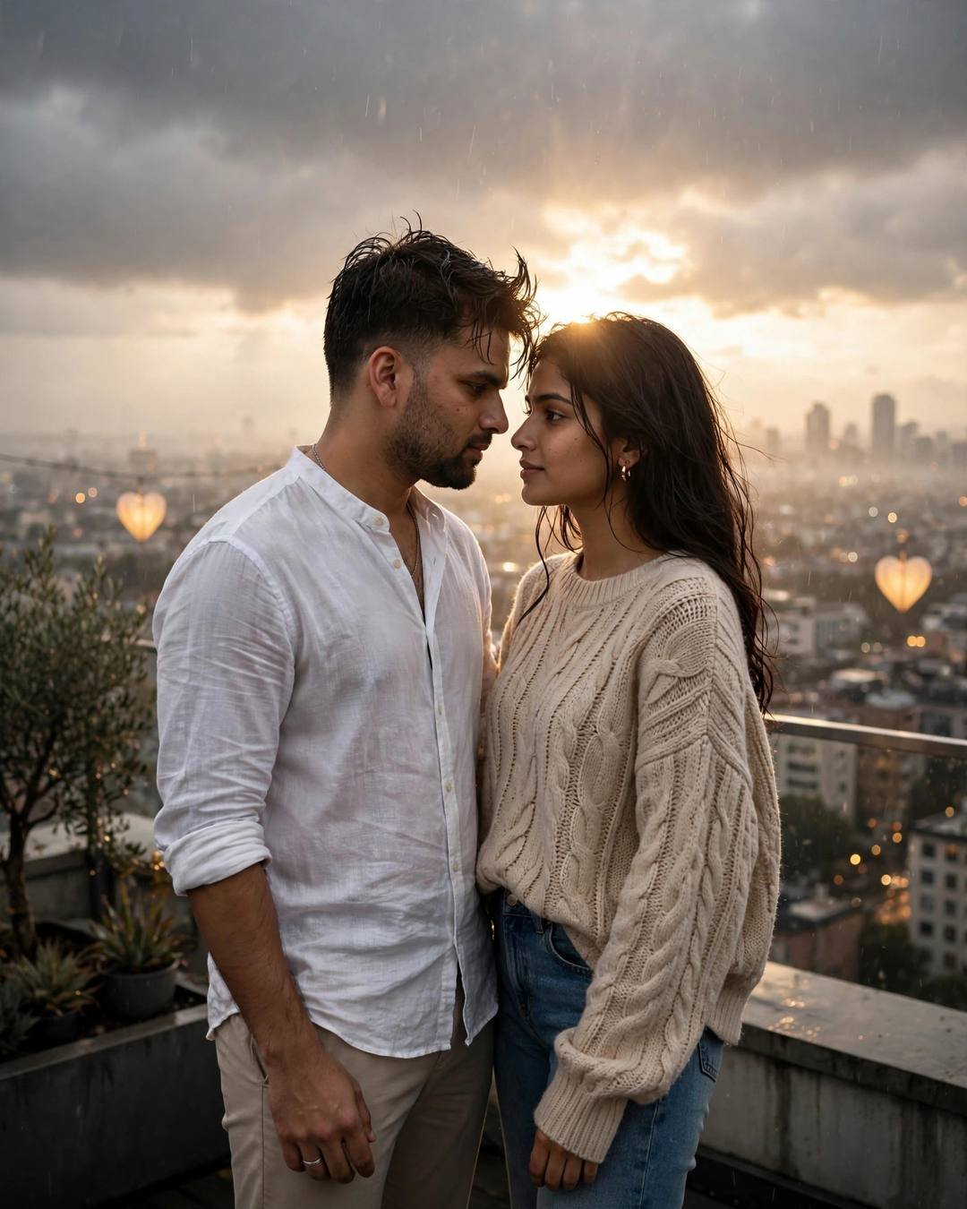 Standing in their first monsoon rain together, — Emotional Couple AI portrait, white linen shirt with rolled sleeves, beige trousers, towel-dried tousled hair, at a rooftop overlooking sleeping city lights
