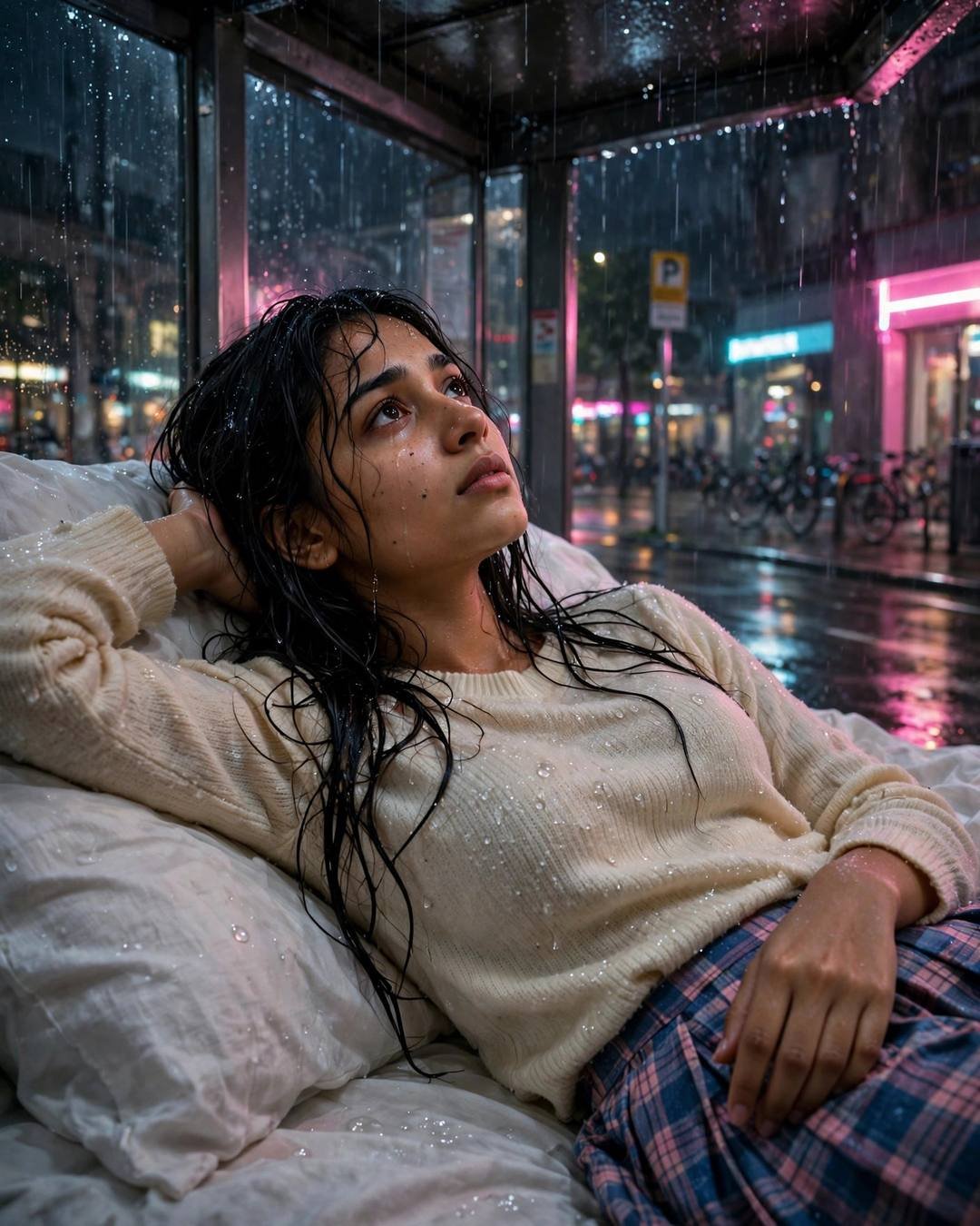 Decorating her sister's bridal room with marigolds — Emotional Girl AI portrait, cream knit top and plaid skirt, wet hair clinging softly, at a rain-shelter bed at a bus stop at midnight