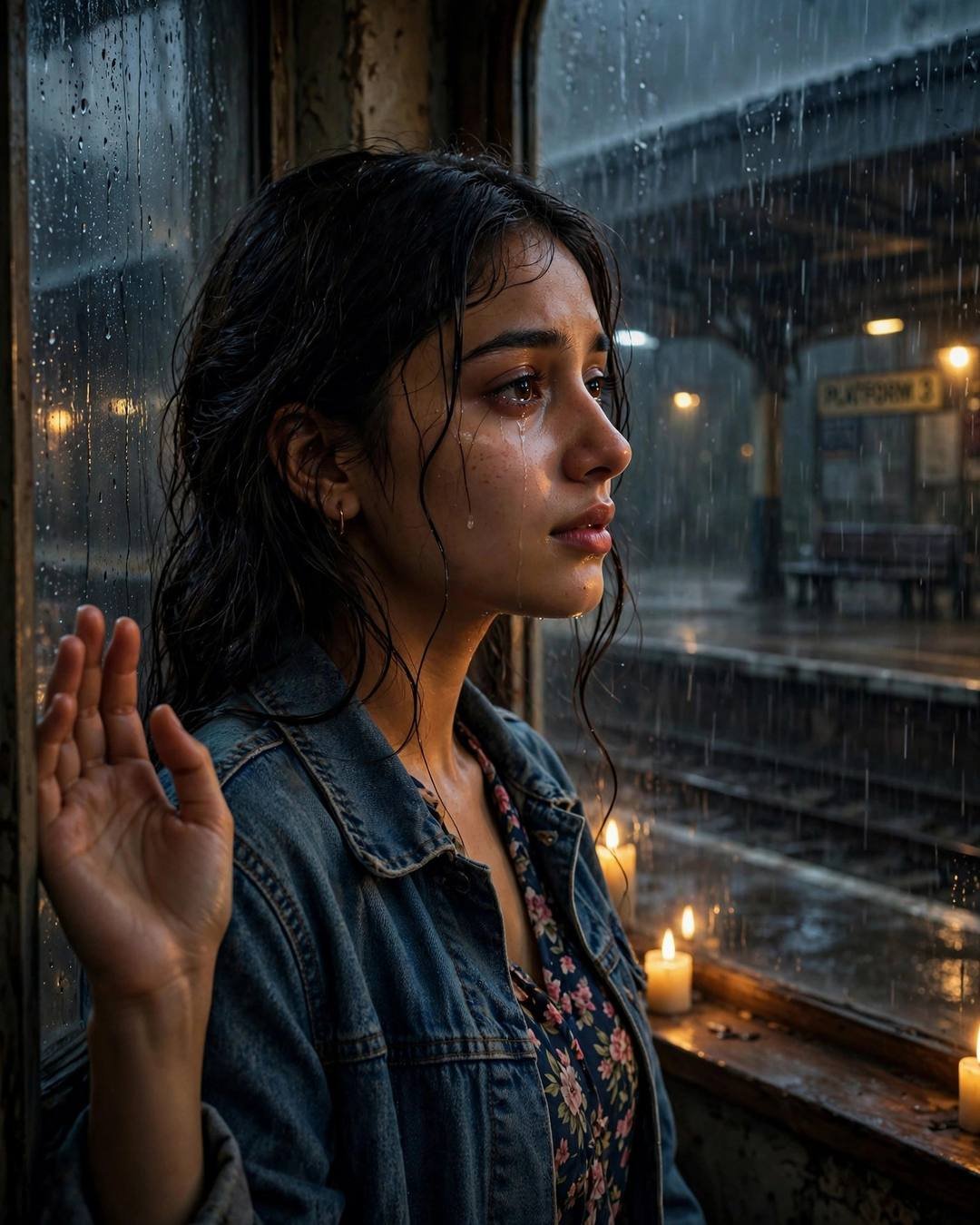 Hugging her childhood teddy before moving away — Emotional Girl AI portrait, denim jacket over floral dress, wet hair clinging softly, at a rain-streaked window on an empty night platform