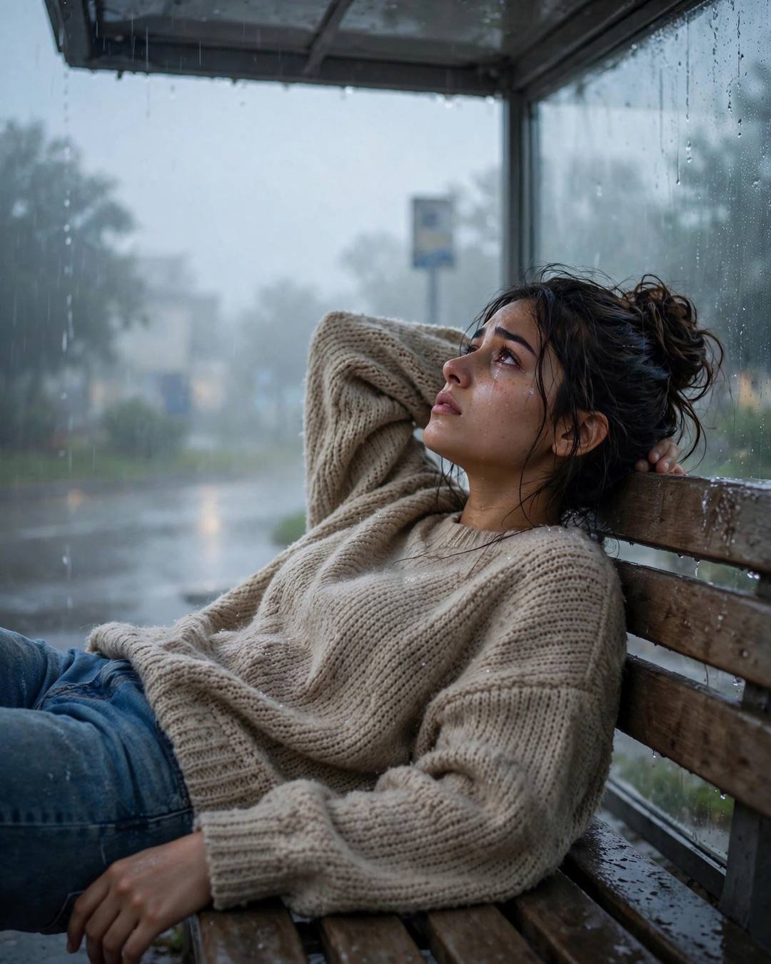 Overwhelmed at her own graduation, looking for — Emotional Girl AI portrait, oversized beige sweater and jeans, messy bun with stray strands, at a bus stop bench in dawn rain