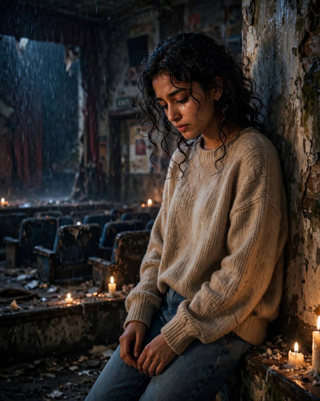Holding her newborn niece for the first — Emotional Girl AI portrait, oversized beige sweater and jeans, soft curls framing the face, at the wall of an abandoned cinema hall at midnight