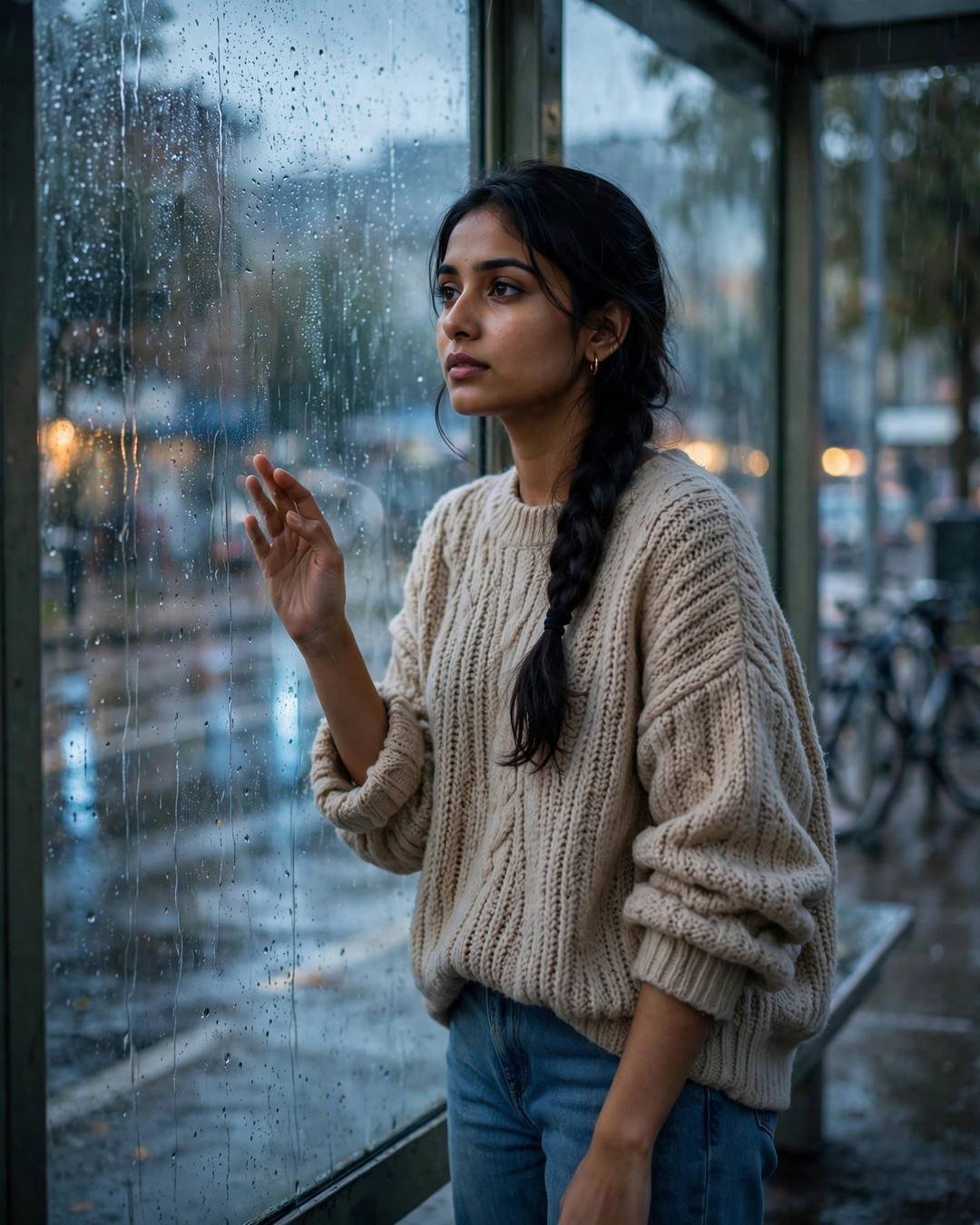 Soft monsoon rain tapping on the window — Emotional Memories cinematic AI photo, oversized beige sweater and jeans, long braid over one shoulder, standing at a rain-streaked window, one hand on the glass at bus stop in the rain; clear cold night, overcast afternoon with soft blue-hour glow