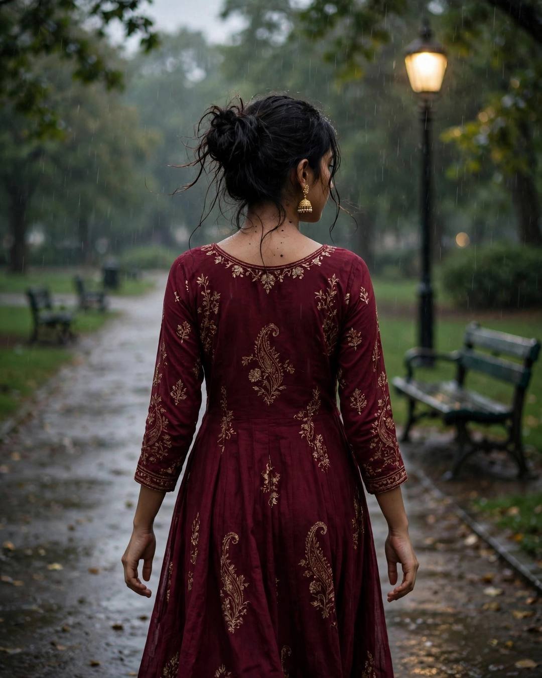 Her father's old watch, still ticking — Emotional Memories cinematic AI photo, maroon anarkali with jhumkas, messy bun with stray strands, walking away from the camera down an empty path at park bench under a lone lamp; drizzle, late evening with diffused overcast daylight
