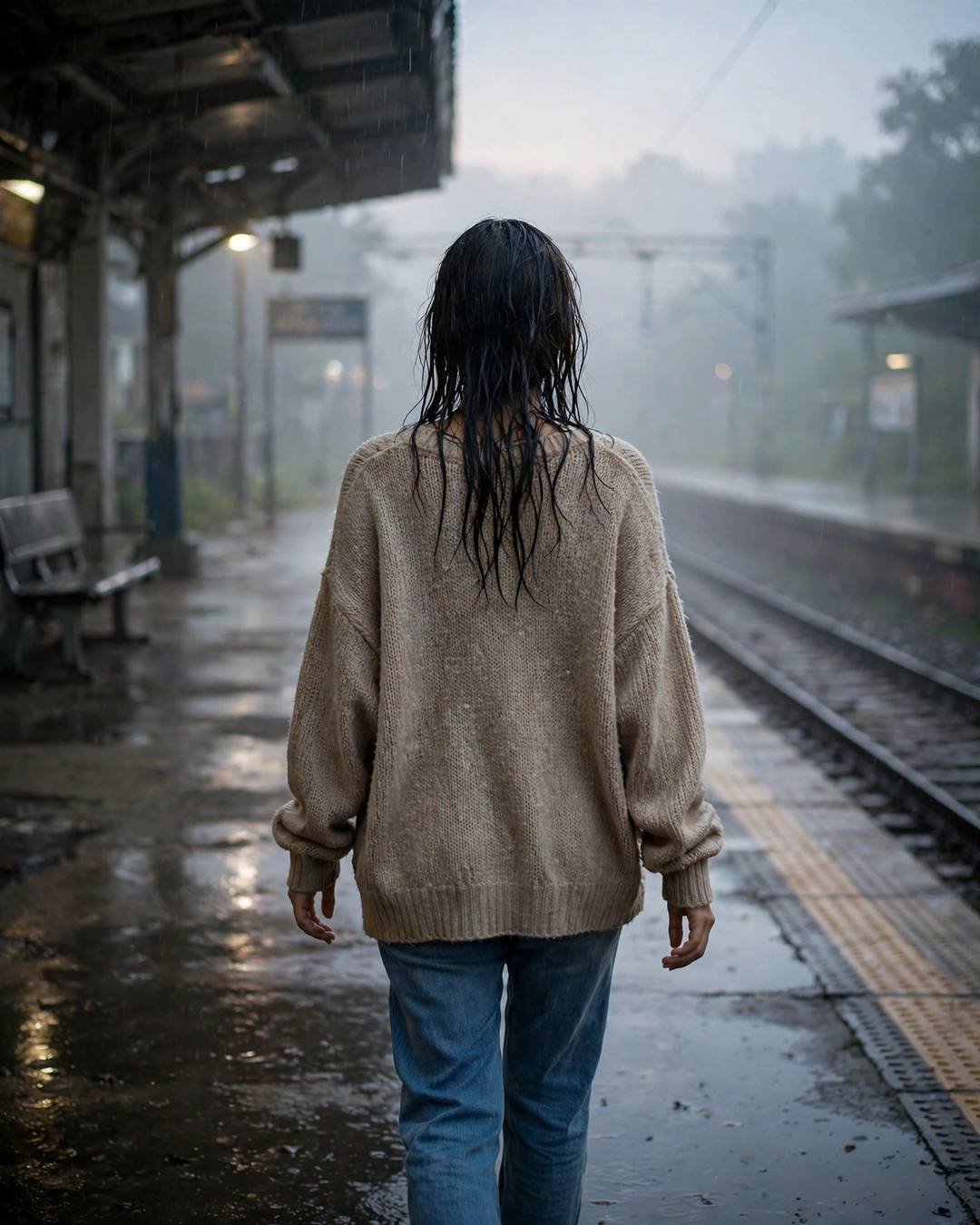 The old family wedding album pages turning — Emotional Memories cinematic AI photo, oversized beige sweater and jeans, wet hair clinging softly, walking away from the camera down an empty path at empty railway platform at night; light rain, late evening with pale dawn light through fog