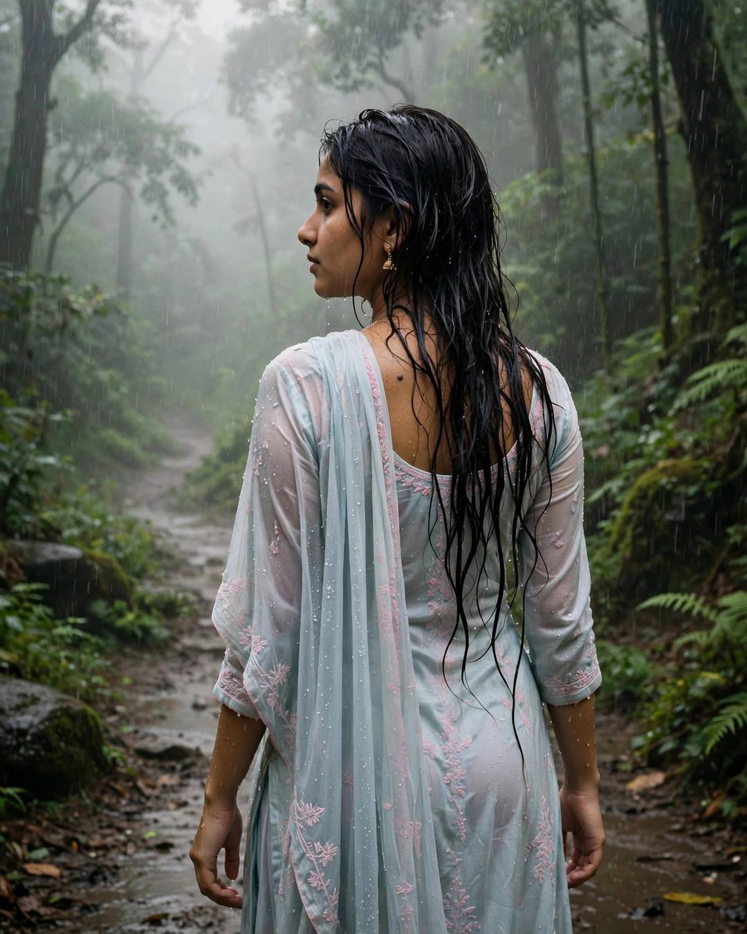 Her mother's saree draped over her shoulders — Emotional Memories cinematic AI photo, pastel salwar-kameez with dupatta, wet hair clinging softly, back to the camera, looking over one shoulder at misty forest path; heavy monsoon rain, overcast afternoon with pale dawn light through fog