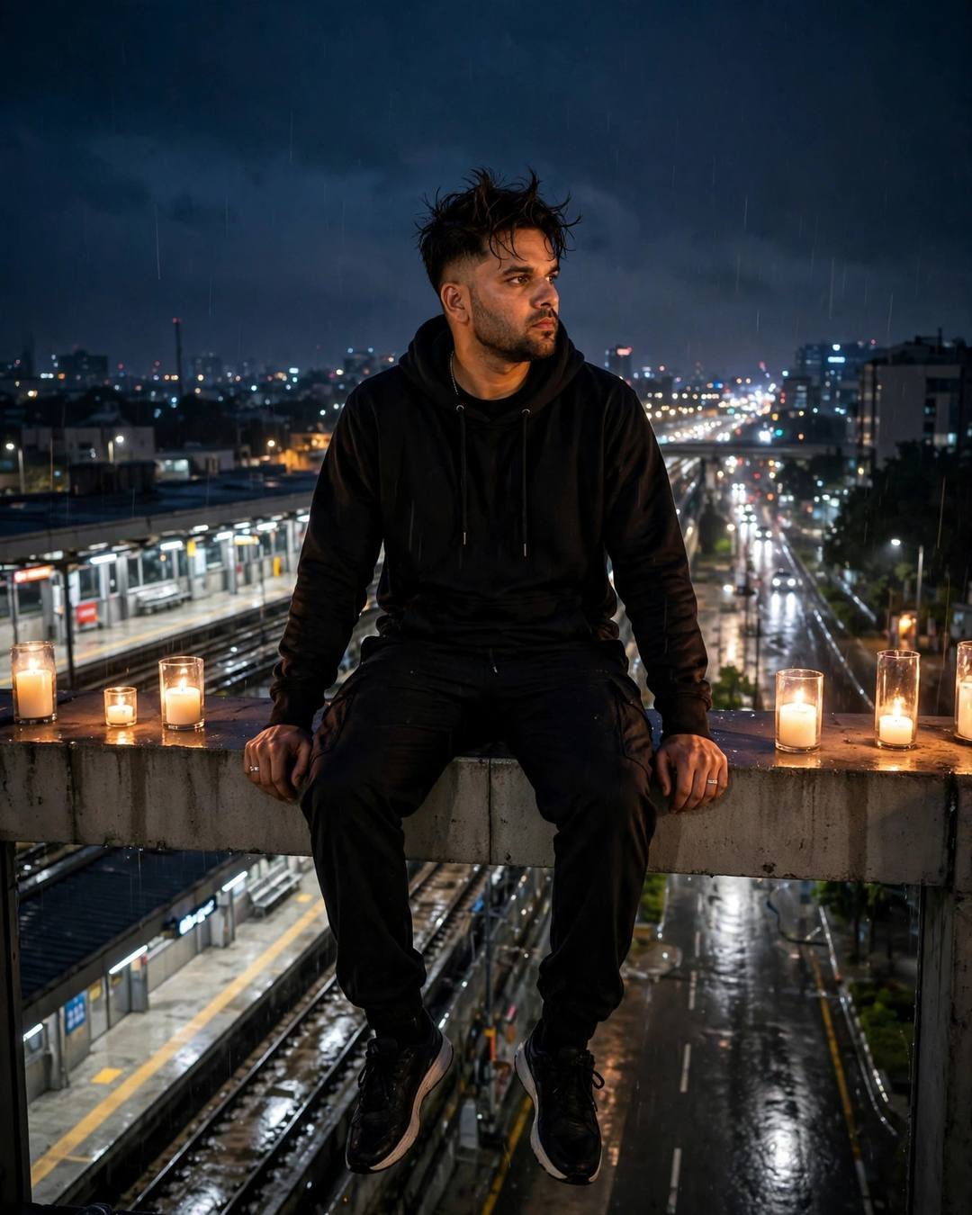 Sitting on the bonnet, watching trucks pass — Empty Road portrait, all-black streetwear with sneakers, cinematic mood photography