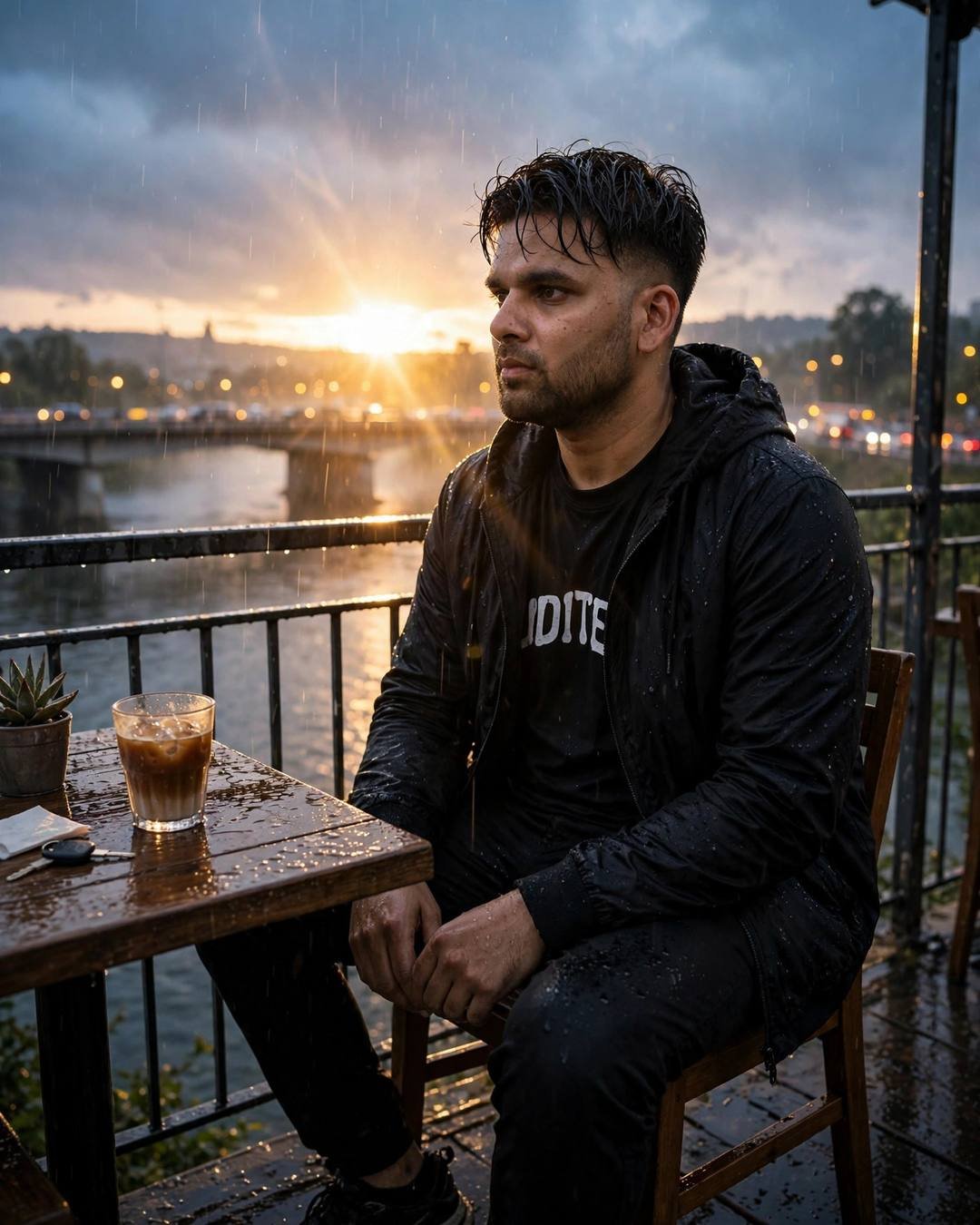A broken-down car, him waiting calmly — Empty Road portrait, all-black streetwear with sneakers, cinematic mood photography