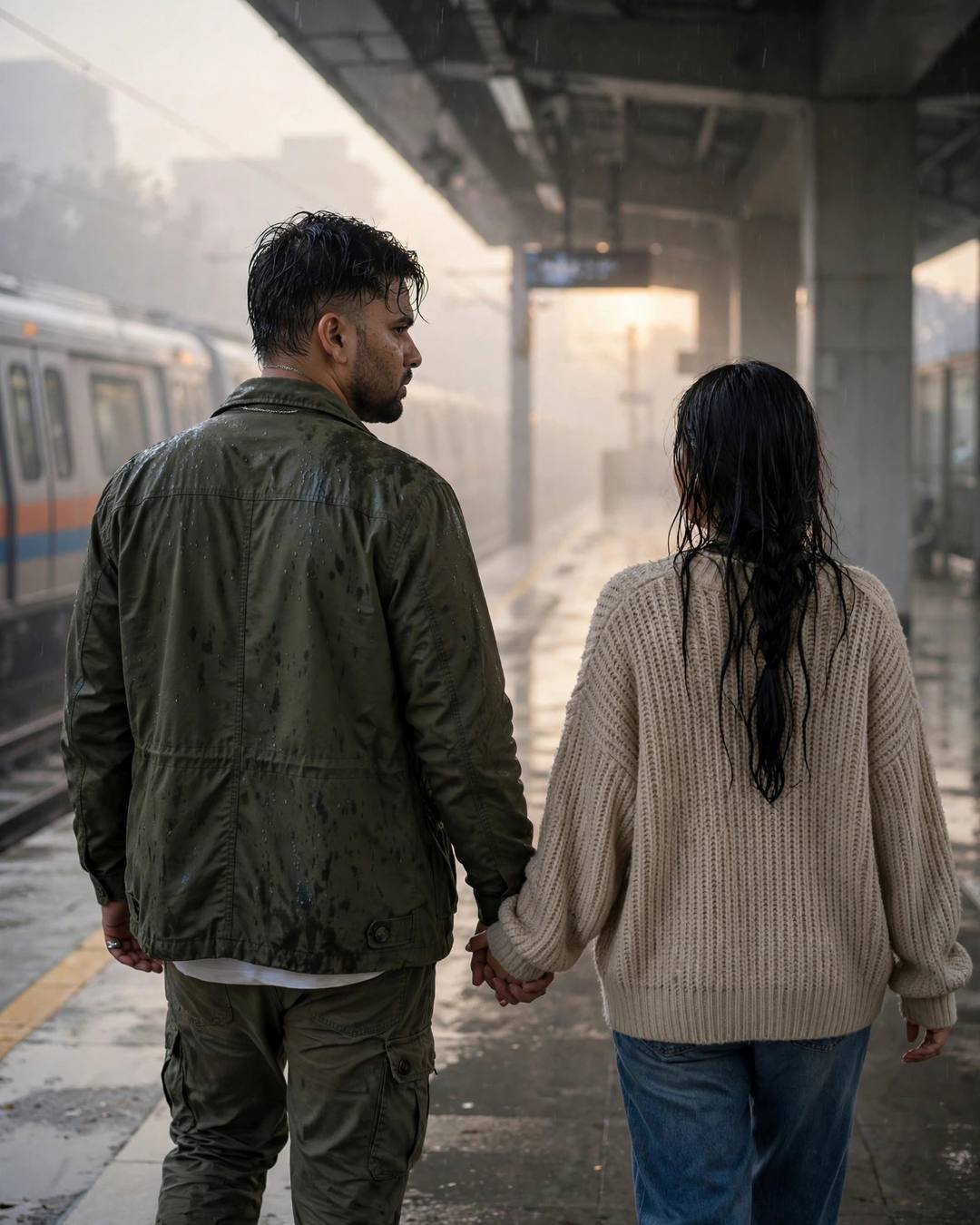 Whispering little secrets on a crowded school — First Love cinematic AI photo, olive field jacket, white tee, cargo pants, damp rain-wet hair, walking hand in hand away from the camera into the distance at midnight metro station; clear cold night, golden hour with pale dawn light through fog