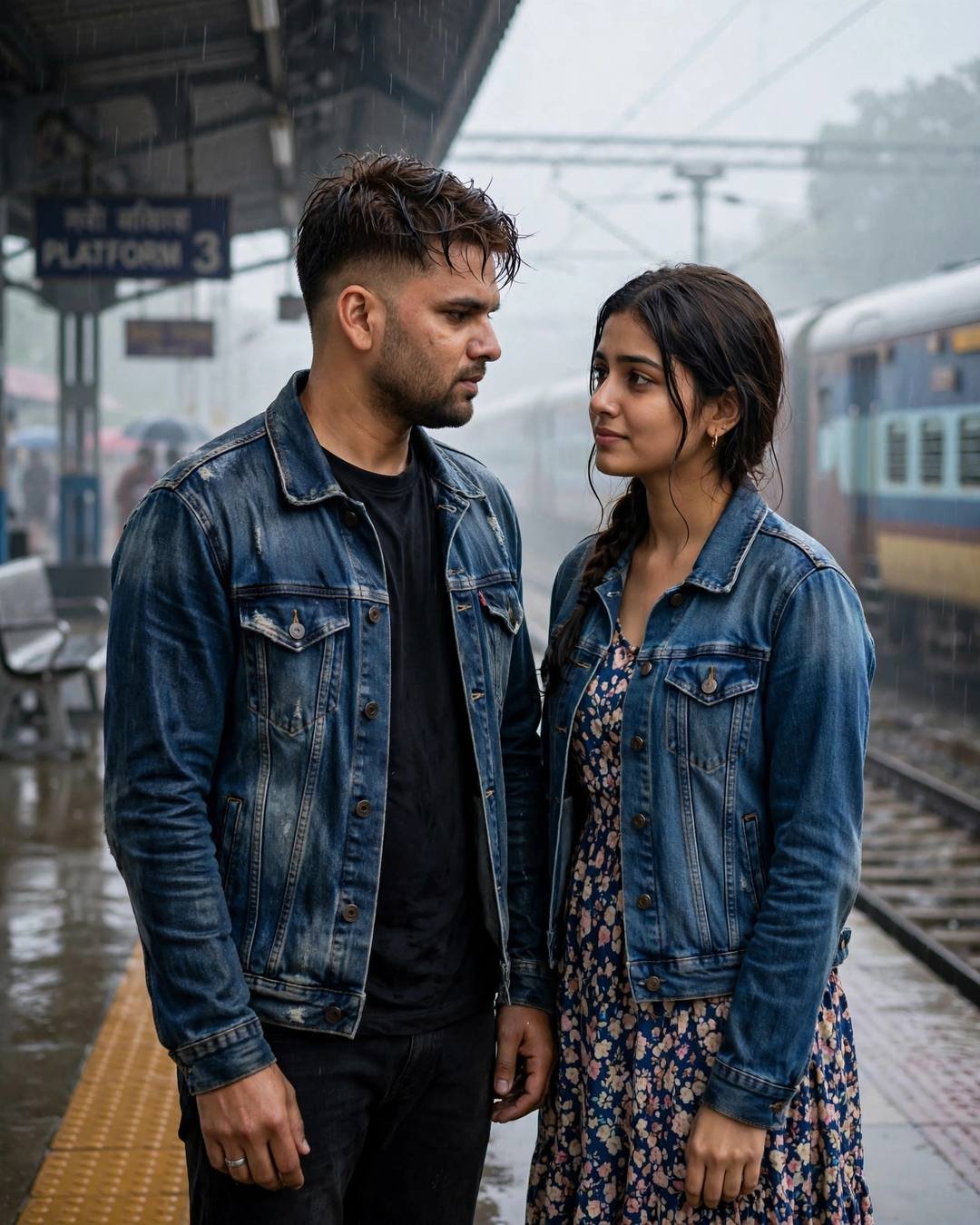 A single red rose left unsigned on — First Love cinematic AI photo, distressed denim jacket over black tee, towel-dried tousled hair, one last hug at a railway platform as the train waits at bus stop in the rain; overcast gloom, overcast afternoon with pale dawn light through fog