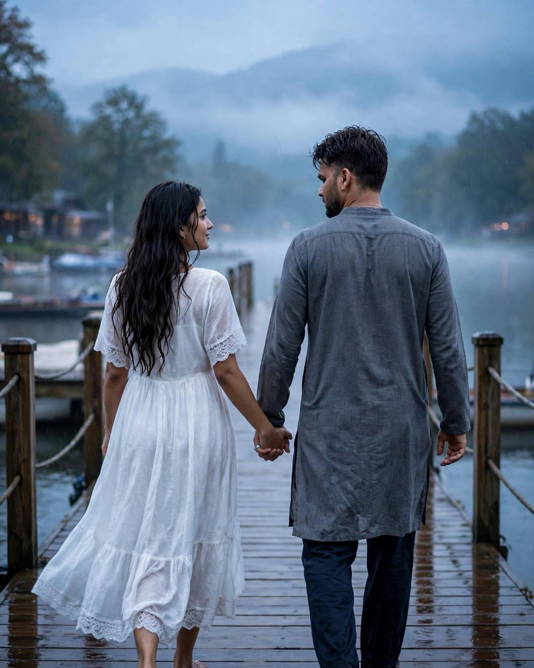 Her patiently teaching him the dance steps — First Love cinematic AI photo, grey kurta with dark pajama, towel-dried tousled hair, walking hand in hand away from the camera into the distance at quiet lake pier at dawn; post-rain wet streets, late evening with soft blue-hour glow