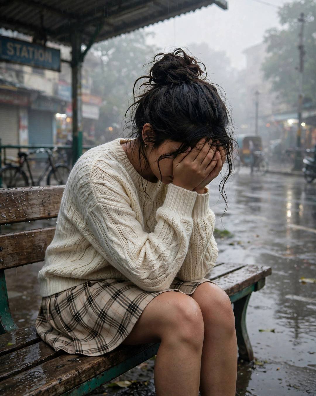 Wiping kohl from her cheeks in a — girl portrait at rain-soaked city street, cream knit top and plaid skirt, messy bun with stray strands, grief and letting go, serene mood, cinematic AI photo
