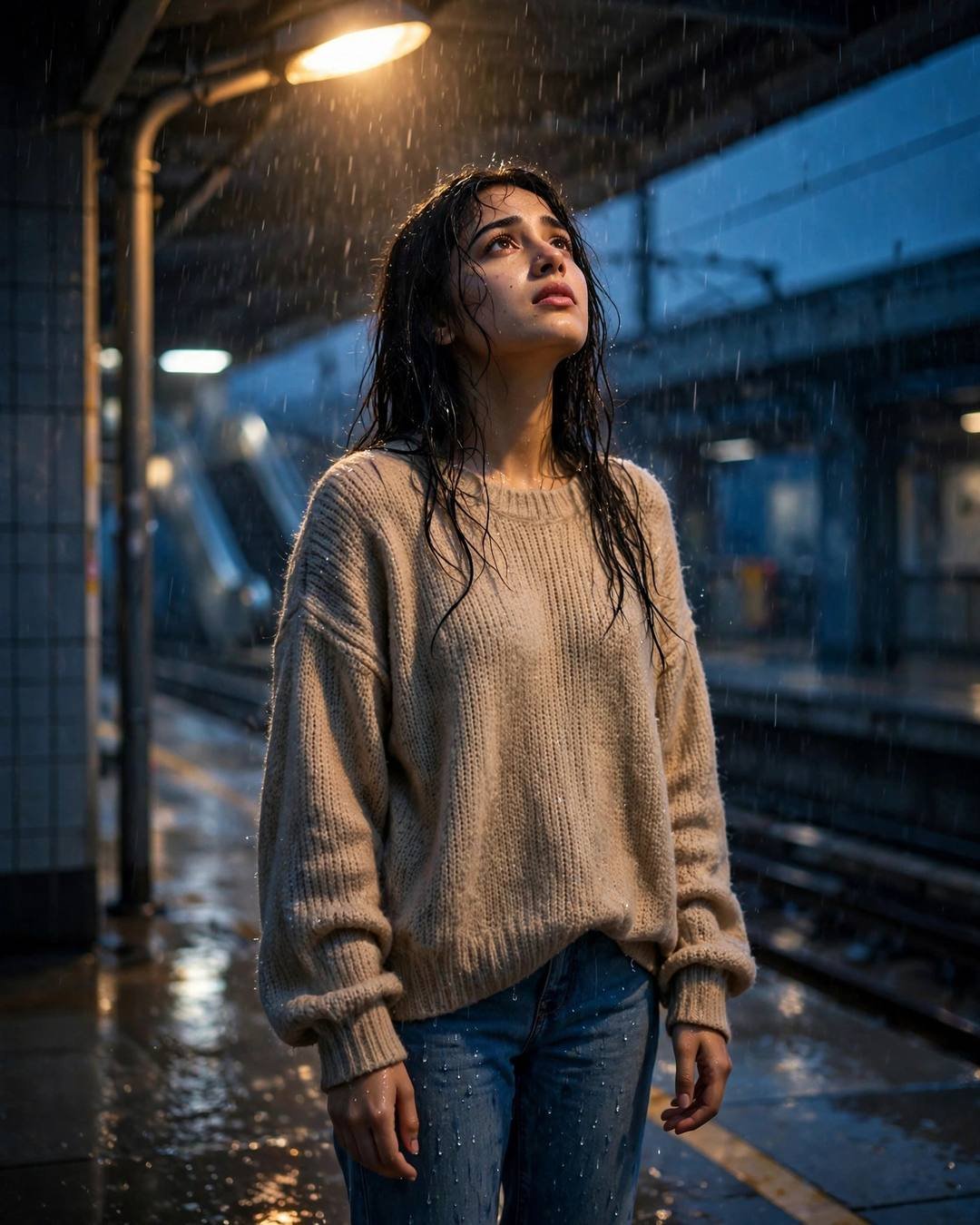 Walking out of a restaurant mid-date, alone — girl portrait at midnight metro station, oversized beige sweater and jeans, wet hair clinging softly, grief and letting go, hopeful mood, cinematic AI photo